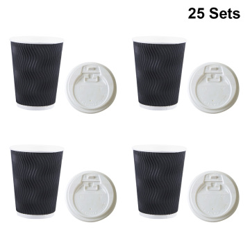 25pcs Disposable Coffee Cups Insulation Takeaway Threaded Paper Cup with Lid (8oz, White Lid, Black Cup)