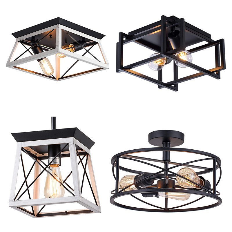 American Style Industrial Ceiling Lamp Chandelier Iron Dining Hall Corridor Lamp Circular Square Living Room Decorative Light