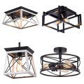 American Style Industrial Ceiling Lamp Chandelier Iron Dining Hall Corridor Lamp Circular Square Living Room Decorative Light