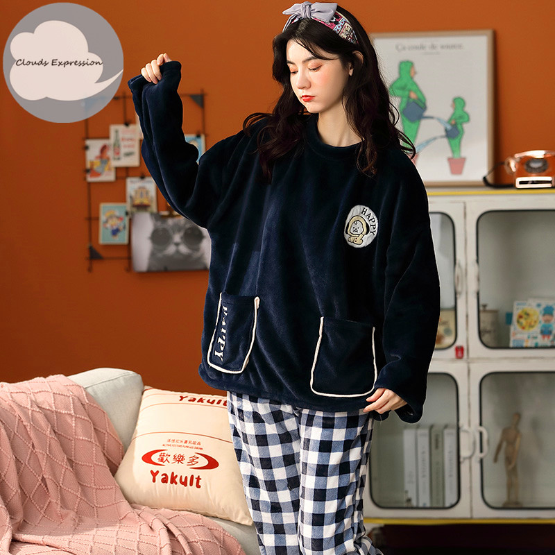 Winter Warm Thicken Elegant Women's Sleepwear Pajamas Lady Pajama Set Pullover Coral Fleece Pijamas Mujer Fashion Homewear Sets