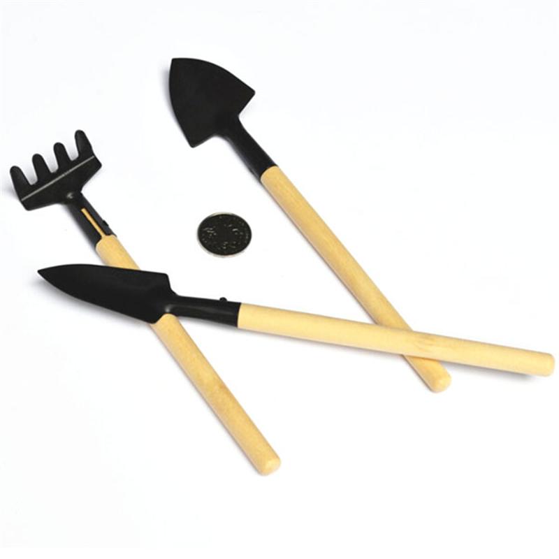 3pcs Mini Garden Planting Gardening Tools Shovel Rake Spade with Wooden Handle (Black)
