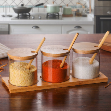 Wholesale glass seasoning bottle kitchen supplies seasoning jar glass seasoning box set with wooden spoon Storage Jars