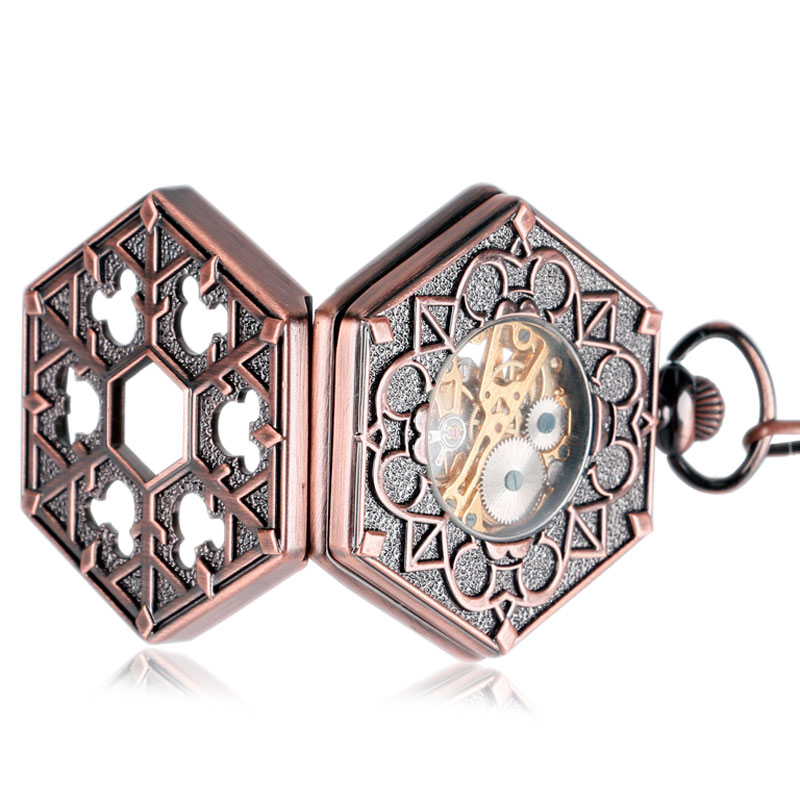 Retro Carving Snowflake Hexagon Pocket Watch Chain Stylish Skeleton Mechanical Hand Winding Women Men Christmas Gift P2015C
