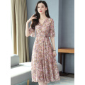 S-3XL Elegant Floral Print Big Swing Half Trumpet Sleeve V-neck Tea-length A-line Chiffon Plus Size Holiday Cocktail Dresses