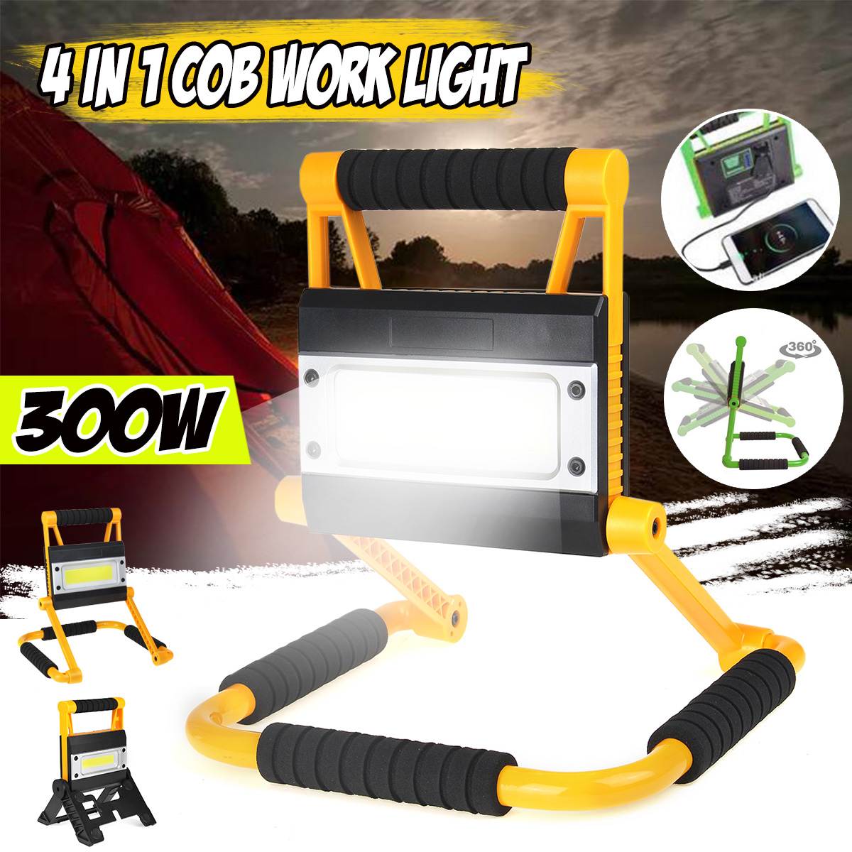 300W USB Charging Work Light Folding Rotary Outdoor Portable COB Anti-fall Flood Light Searchlight Campe Lantern