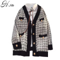 H.SA Women Sweater Jacket 2020 Oversized Knitted Cardigans Loose Plaid Jumpers Korean Clothing Robe Long Elegnat Female Coat