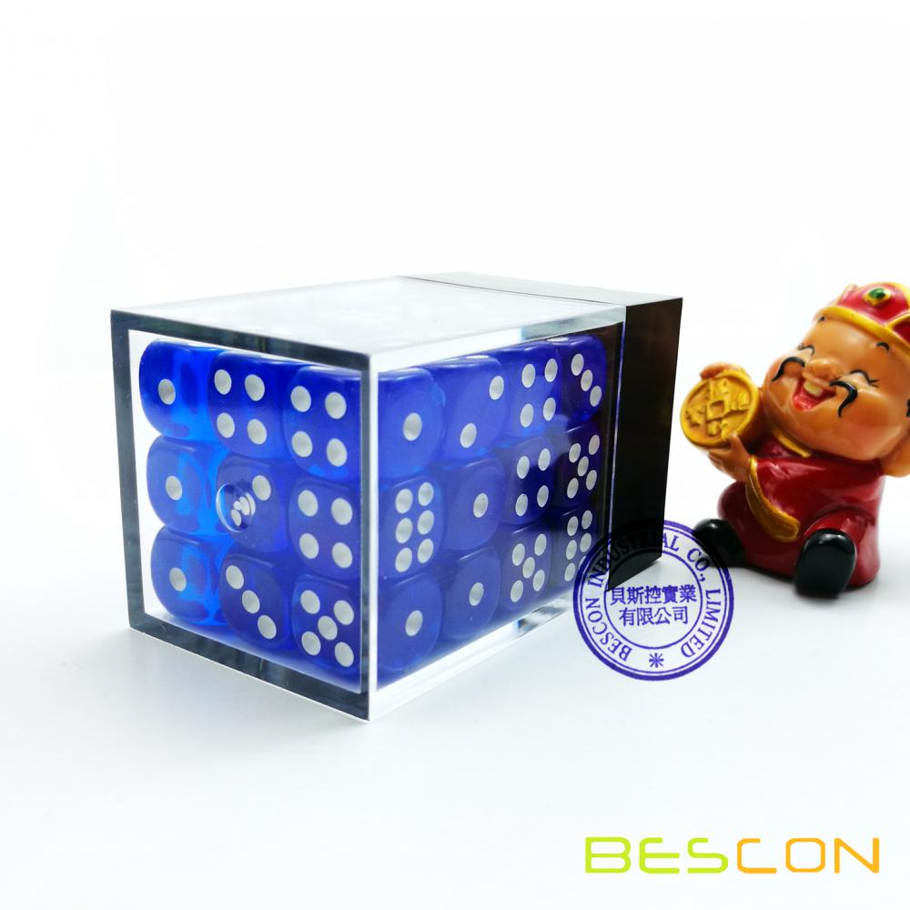 Bescon 12mm 6 Sided Dice 36 in Brick Box, 12mm Six Sided Die (36) Block of Dice, Translucent Loyal Blue with White Pips