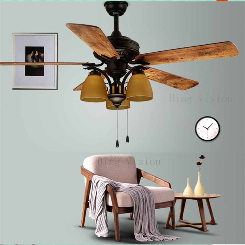 American Industrial Wind E27 LED Wooden Ceiling fans With Lights Remote Control Living Room Bedroom Home Fan Lamp 220 Volt