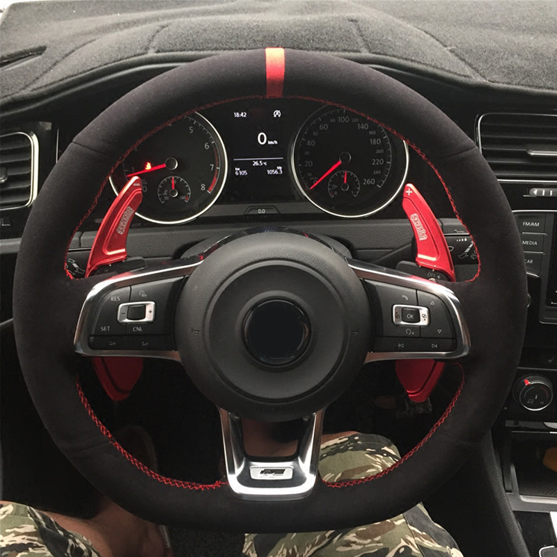WCaRFun Black Suede Car Steering Wheel Cover for Volkswagen VW Golf 7 GTI Golf R MK7 VW Polo GTI Scirocco 2015 2016