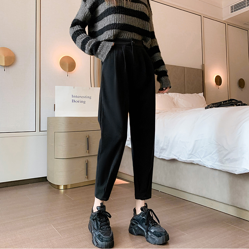 Autumn Winter Women's Pants Casual Streetwear Loose High Waist Harem Pants Female Solid Woolen Black Brown Trousers Thin Legs