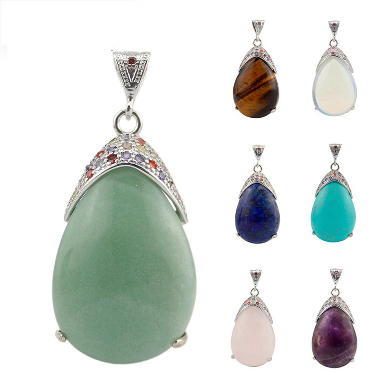 Natural teardrop quartz crystal stone inlaid with colorful Zircon Pendant water drop therapy chakra jewelry