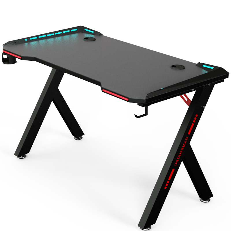 Home Office Gaming Desk/ Computer Desk /R-Shaped PC Desk Workstation with Carbon Fiber Surface and Headphone Hook, Black Red