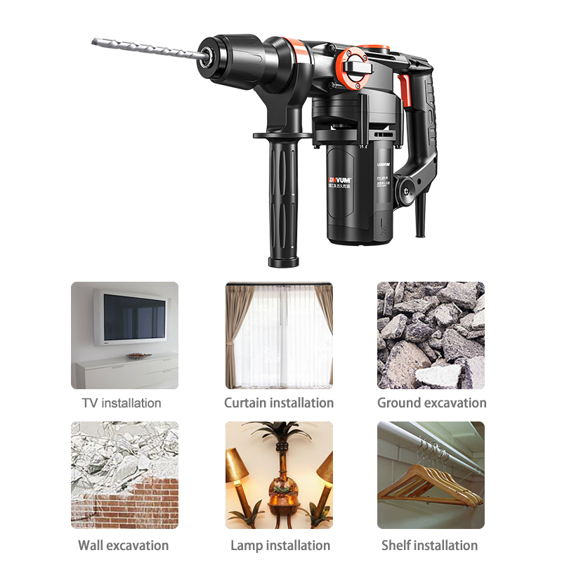 LOMVUM Hammer Drill 1300W Electric Drill 220V Electric Rotary Hammer Perforator Pick Puncher 4 Functions Power Tool Industrial