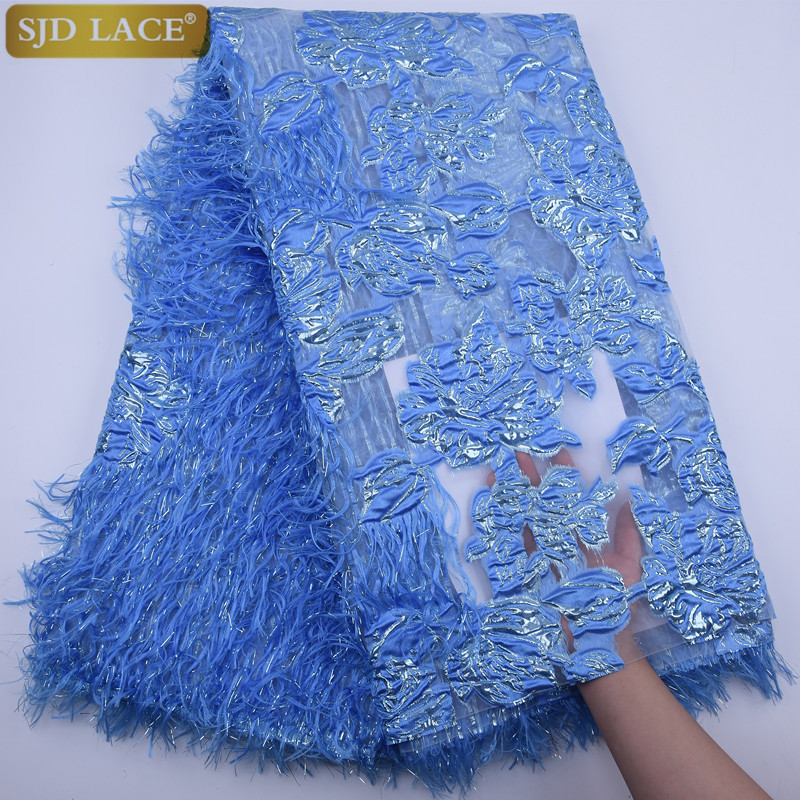 SJD LACE New African French Mesh Lace Fabric With Fluffy Feather Nigerian Net Lace Fabric Embroidery Lace For Party Dress A1789