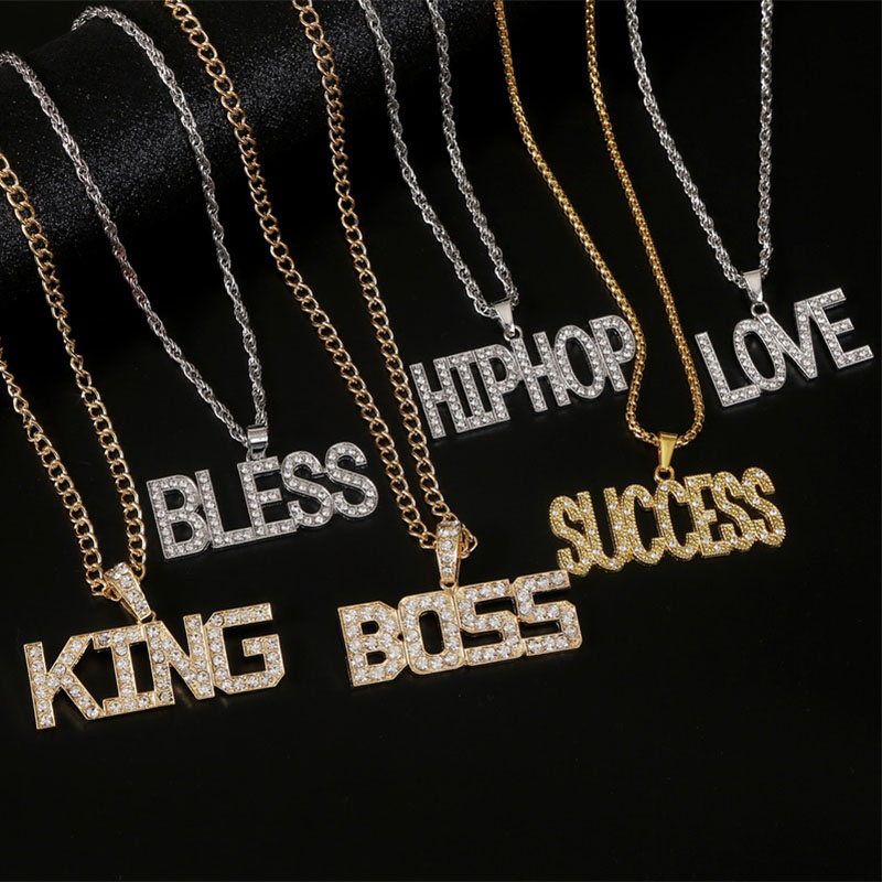 Hip Hop Jewelry Statement Women Men Rhinestone King Queen Letter Necklace Pendant Punk Style Gold Silver Color Chain Necklace