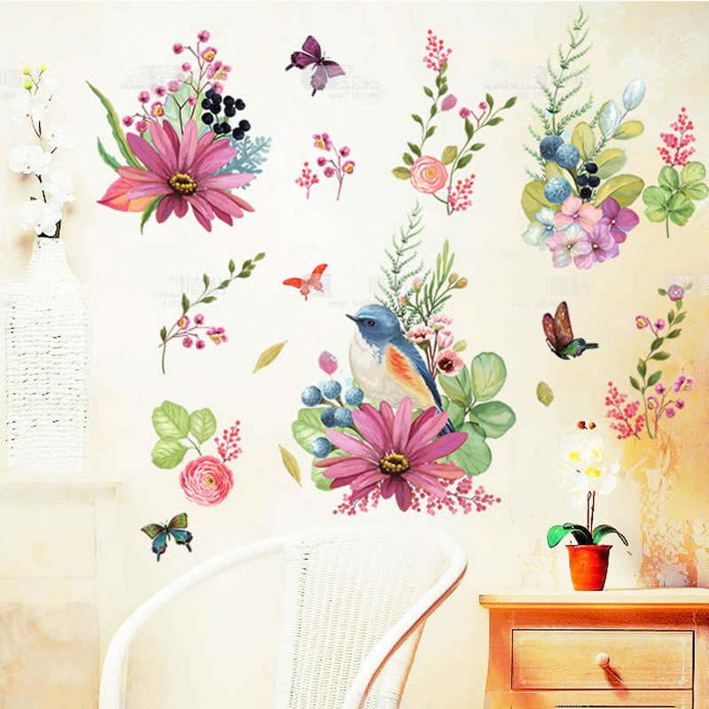 Removable Colorful Flowers Bird Wall Stickers Romantic Bedroom Decoration Living Room Door Sticker Decorative Home Accessories