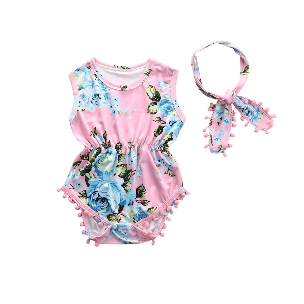2Pcs/Set Newborn Infant Baby Girl Floral Romper Sleeveless Tassel Jumpsuit +Headband Sunsuit Outfits Clothes