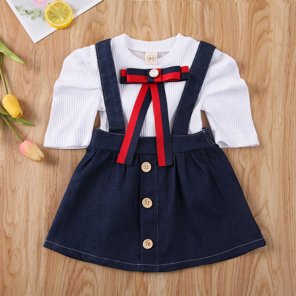 2PCS Toddler Kids Baby Girls Clothes Sets Bowknot Puff Sleeve T-Shirts Tops Denim Strap Dress Clothes