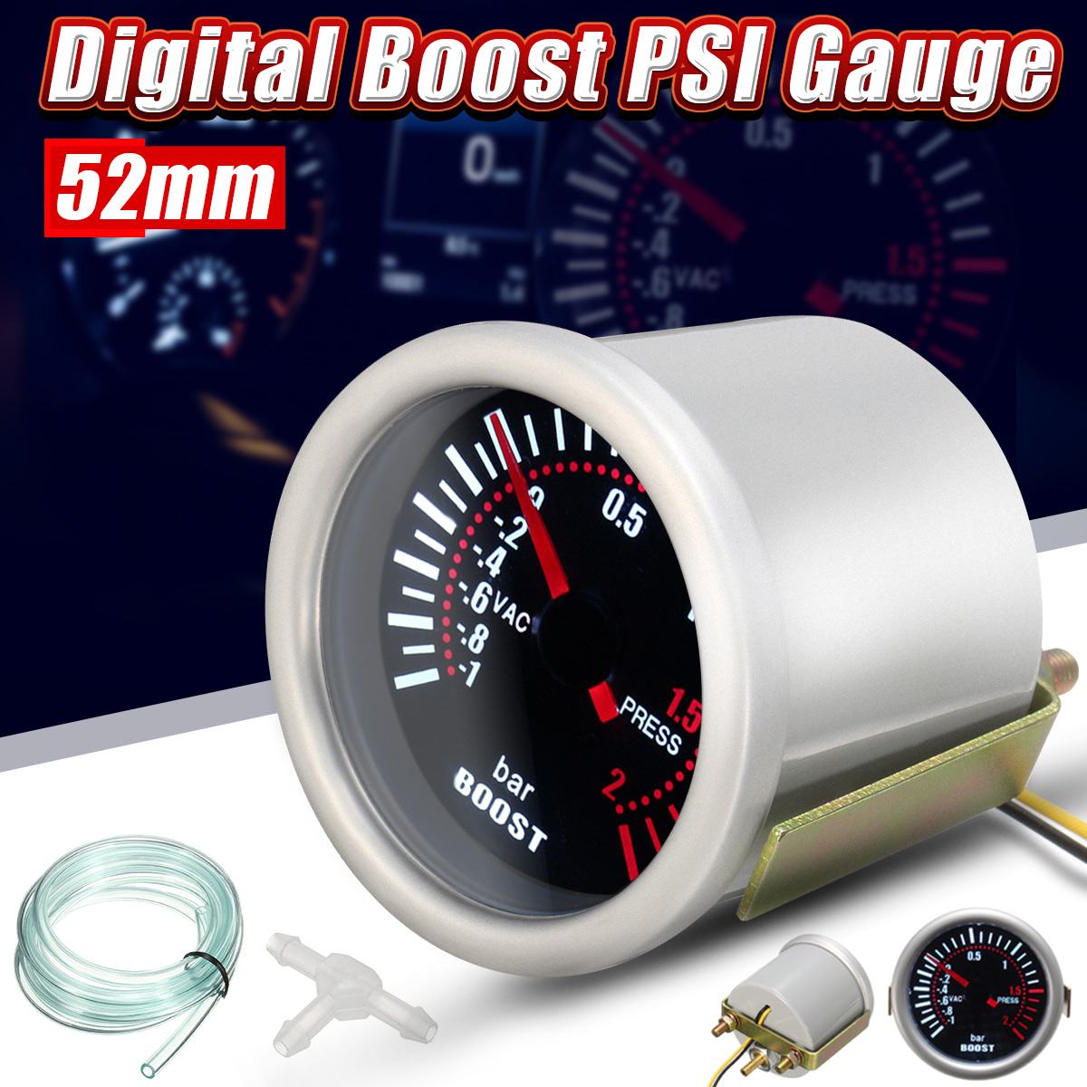 12V 2" 52mm Turbo Boost Pressure Gauge PSI/BAR Car Digital LED Display Smoke Len Universal Auto Boost Pointer Meter