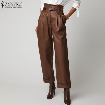 2020 Fashion PU Leather Trousers ZANZEA Elegant OL Work Long Pantalons Women Solid High Waist Wide Leg Pants Female Streetwear