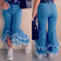 Fashion Girls Jeans Toddler Denim Ruffle Layered Flare Irregular Pants Slacks Long Pants Blue Denim Trousers for 2-7Years Old