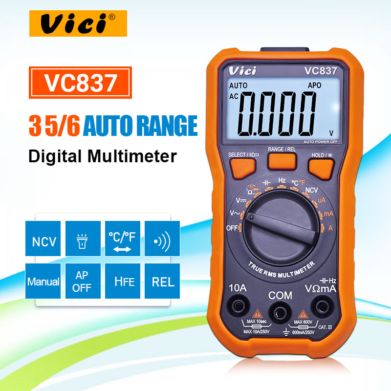 VICI VC837 True RMS 3 5/6 Digital Multimeter Auto Range Capacitance Resistance NCV Temperature Fequency Diode hFE Test