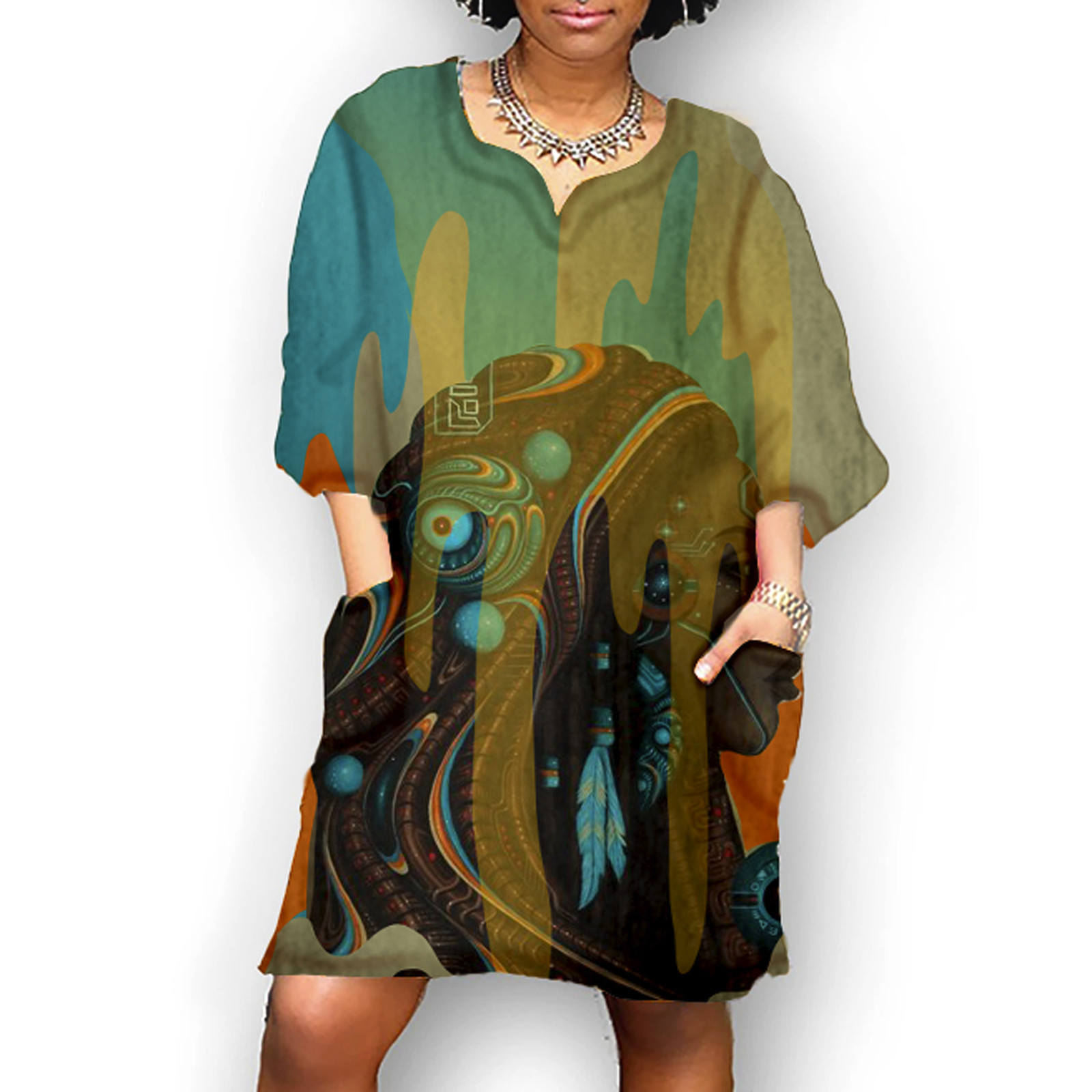 Women Dresses Fashion African Vintage Print Middle Sleeve V Neck Casual Mini Dress Undefined Robe Longue Femme Ete Femme Robe