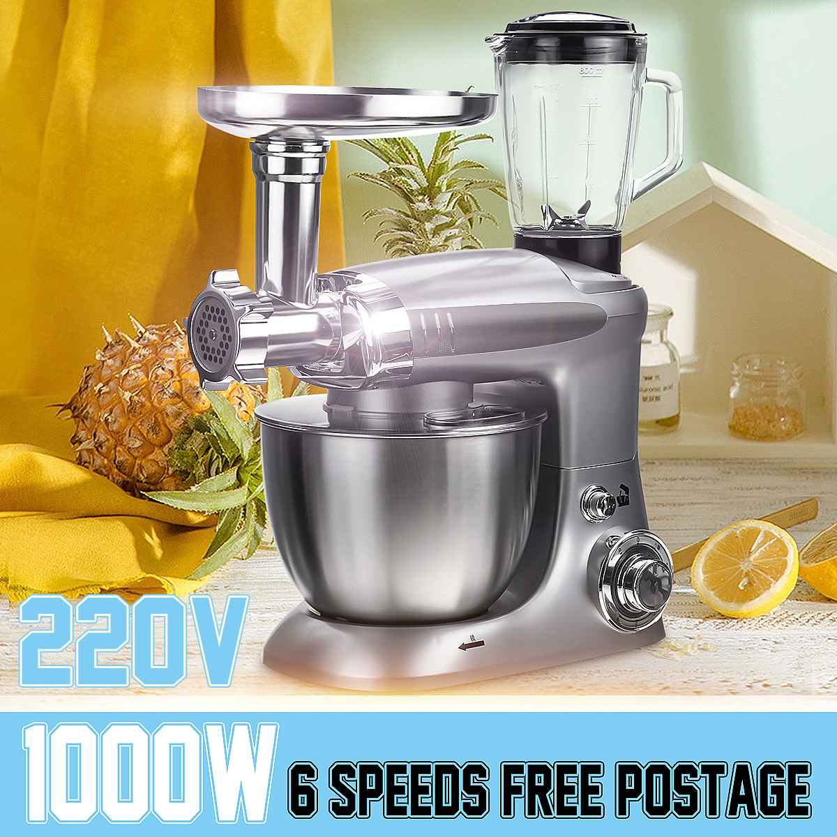 Multifunctional 3 in1 Kitchen Electric Stand Mixer 1000W 6-Speed Kneading Dough Machine Egg Beater Cream Whipping Food Processor