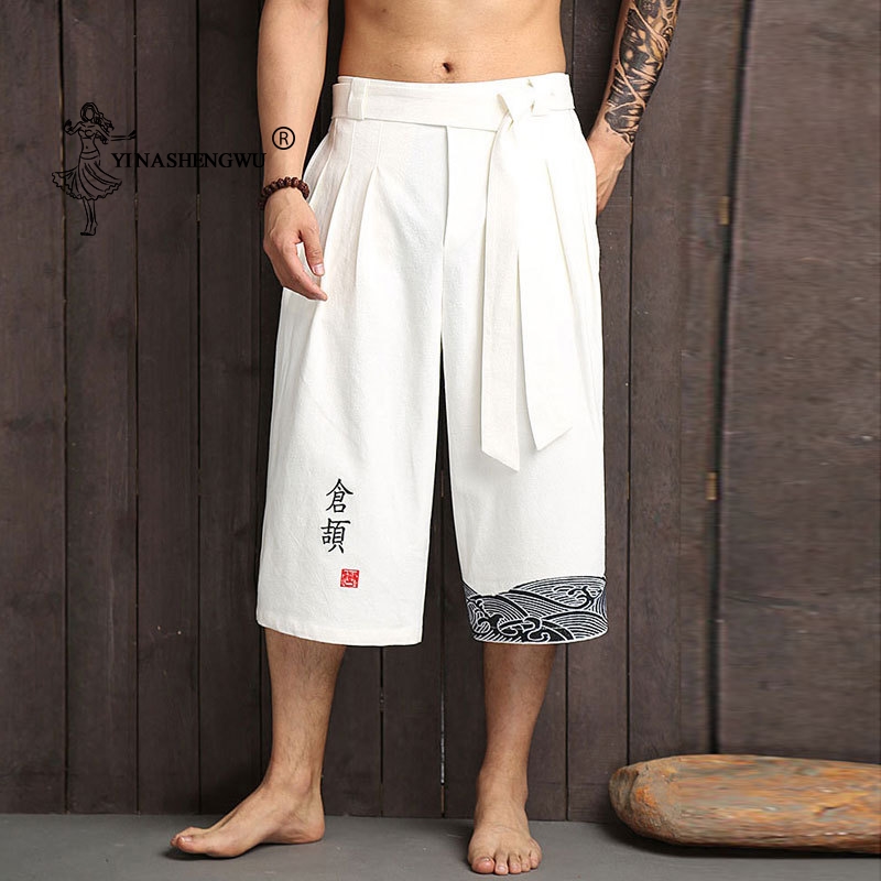 Japanese Kimono Traditional Pants Men Linen Cropped Pants Asian Clothing Bath Pant Japan Style Casual Loose Male Yukata Trousers