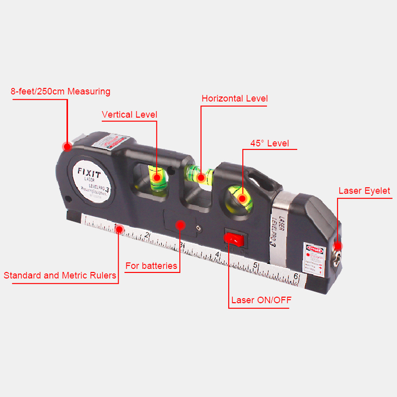 Multipurpose Laser Level Measuring Tape Standard and Metric Tape Ruler 8FT Horizontal and Vertical Line Beam