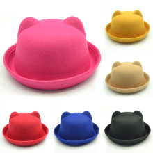 Cute child bowler hat wool felt Fedora hats for Women Girls Children solid Cat Ear formal cap trilby Sombrero Derby