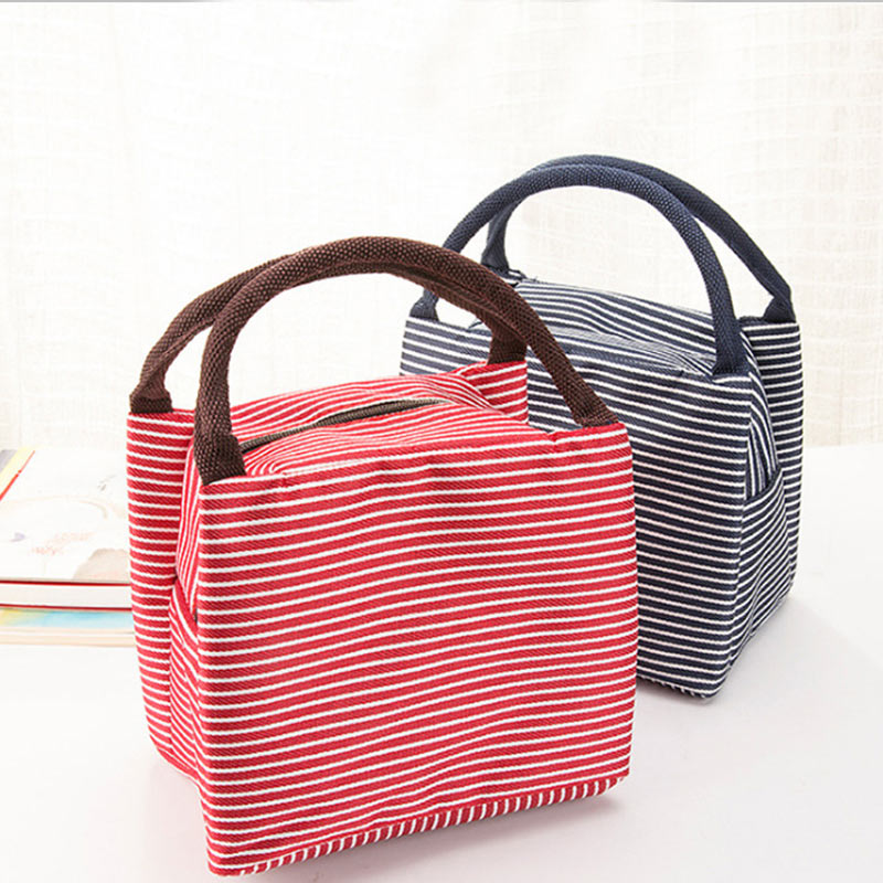 Outdoor Stripe Picnic Bag Lunch Insulated Cooler Box Tote Canvas Thermal Food Beach Bag Zipper For Camping Hiking Women Kids Men