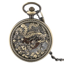 Vintage Exquisite Carving Phoenix Automatic Mechanical Pocket Watch Chain Women Fob Watches Fashion Retro Copper Hollow Clock