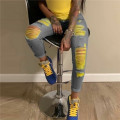 2020 Sexy Women Slim Jeans Trousers Color Contrast Patchwork Tassels Ripped High-waist Ruffles Denim Jeans Holes Pencil Pants