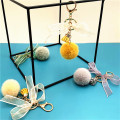 Elegant Lace Bow-Knot Round Ball Keychain for Women Girl Cute Pompom Faux Mink Fur Key Chain Bag Charms Keyring Party Gift