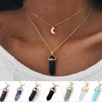 Healing Chakra Gemstone Pointed Hexagonal Pendant Layered Crystal Moon Necklace Gold Metal Chain Choker Jewelry for women Girl