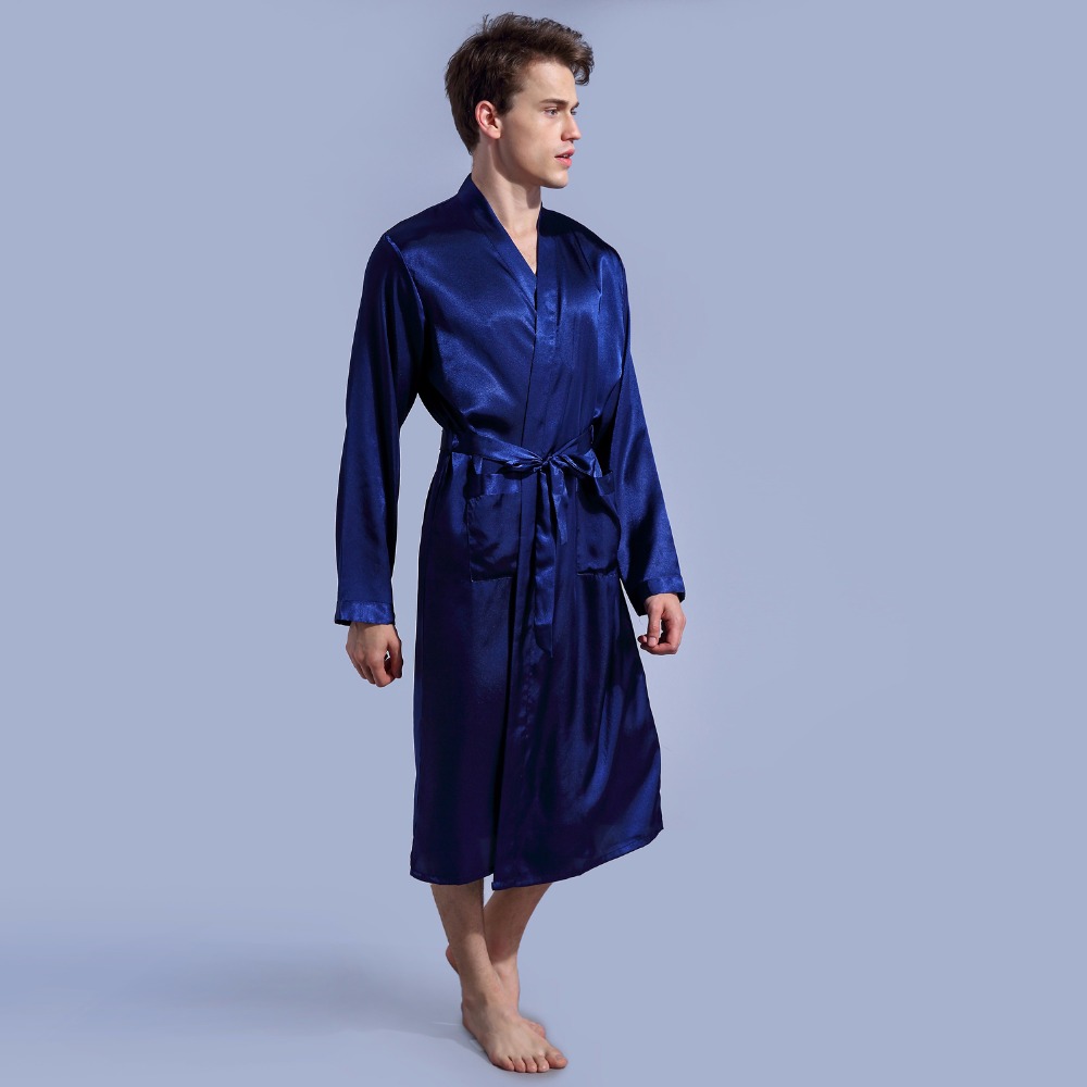 Navy blue Bathrobe Casual Nightwear Ночное платье Pajamas Loose Leisure Men's Sleepwear Rayon Satin Robe Gown Solid Kimono