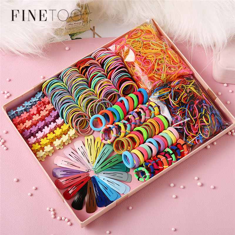 Mixed Rainbow Colorful Elastic Hair Bands Rope Mini Flower Hair Clips Grip Claw Barrettes Set Rubber Bands Hair Accessories