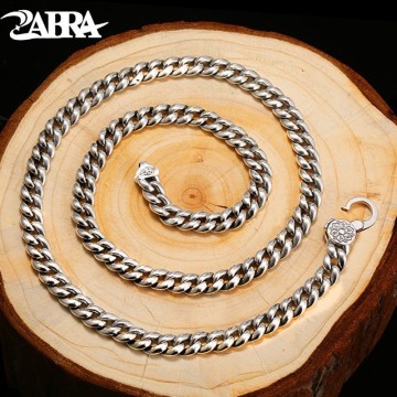 ZABRA Religion Solid 925 Sterling Silver Necklace Men Buddhism Mantra High Polished Long Chain Punk Retro Style Biker Jewelry