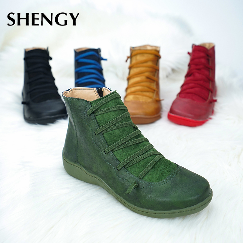 New Leather Ankle Boots Autumn Vintage Lace Up Women Shoes Comfortable Flat Heel Boots Female Zipper Short Boots Dropshipping