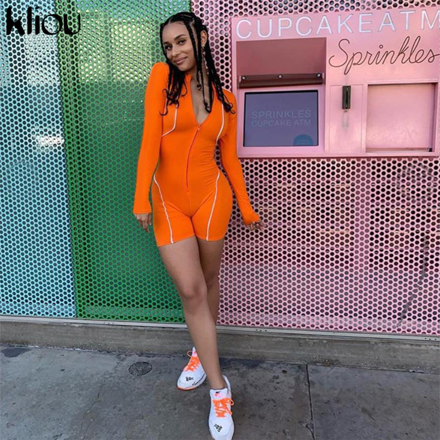 Kliou women fashion playsuit full sleeve zipper fly reflective striped patchwork rompers 2019 female elastic skinny bodysuits