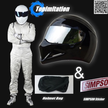 The Grand Tour Stig Helmet / Motorcycle Motorbike Carting Helmet / Bright Black Color & Silver Visor Helmet + SIMPSON Sticker