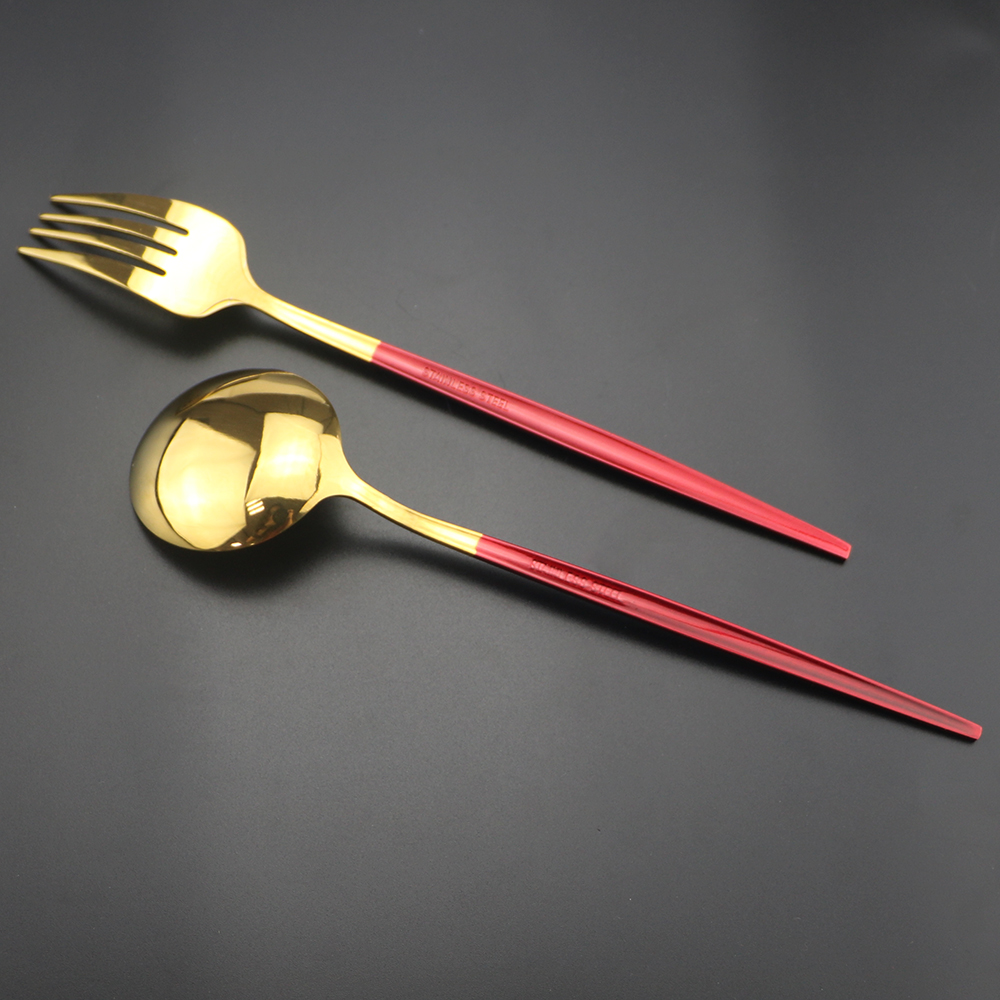 24Pcs Red Gold Cutlery Set 304 Stainless Steel Dinnerware Set Shiny Colorful Flatware Set Gold Tableware Kitchen Silverware