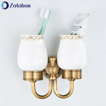 ZOTOBON Double Cups Tooth Brush Toothpaste Hotel Bathroom Cup Holder Sets Brass Ceramic Cup Dispenser Retro Tumbler Holder M203