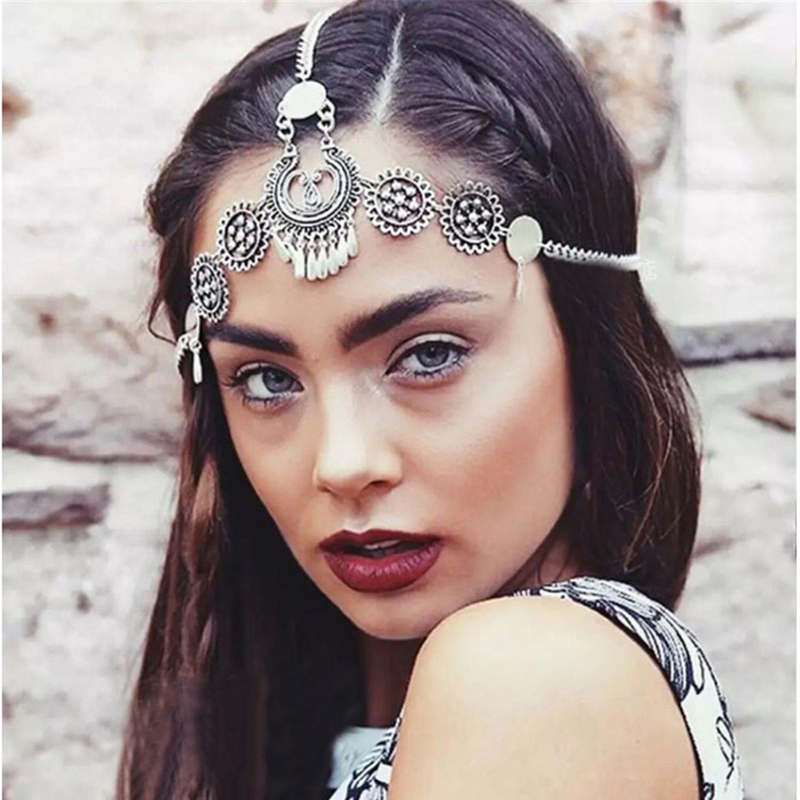 Silver Vintage Tassel Hair Jewelry Metal Coin Headband Long Punk Head Chain Piece Forehead Headpiece For Women Girls Accessories