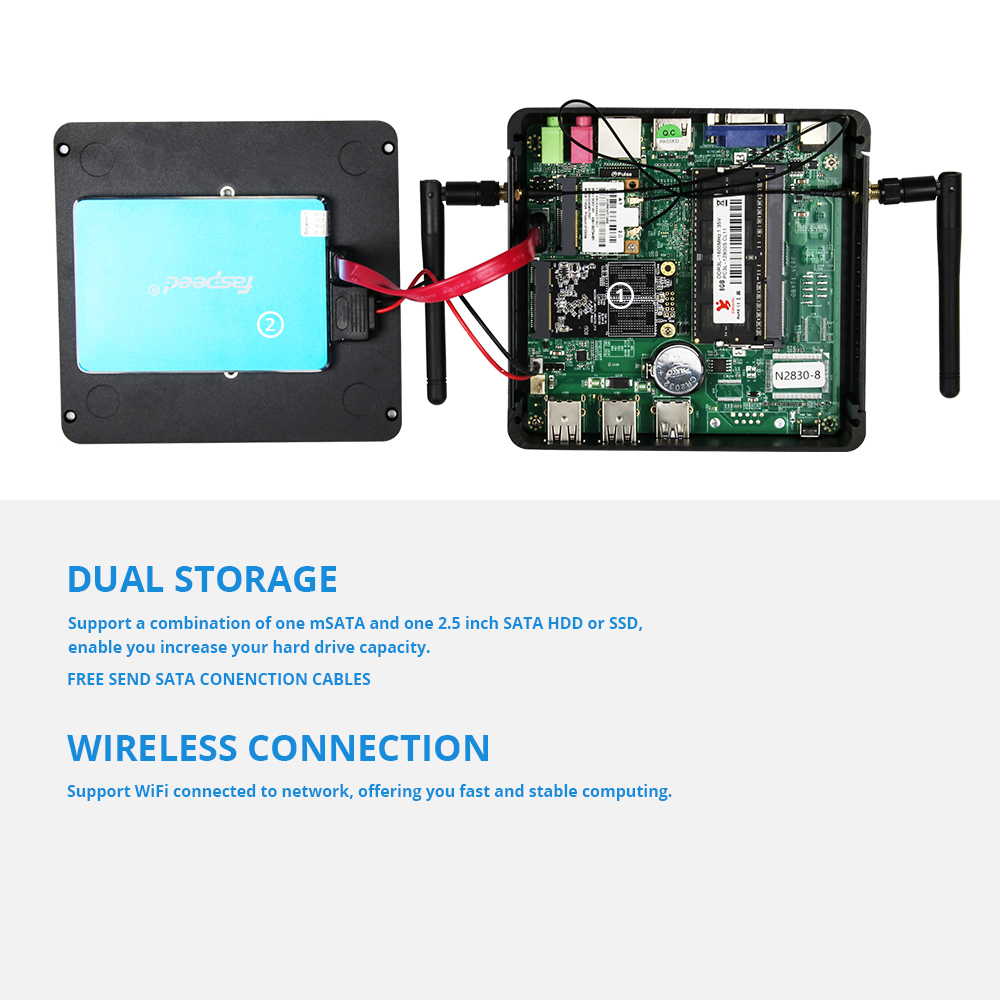 Mini Desktop PC Intel Celeron J1900 Quad-Cores Windows 10 Linux DDR3L mSATA SSD HDMI VGA 5*USB WiFi Gigabit LAN HTPC Fanless