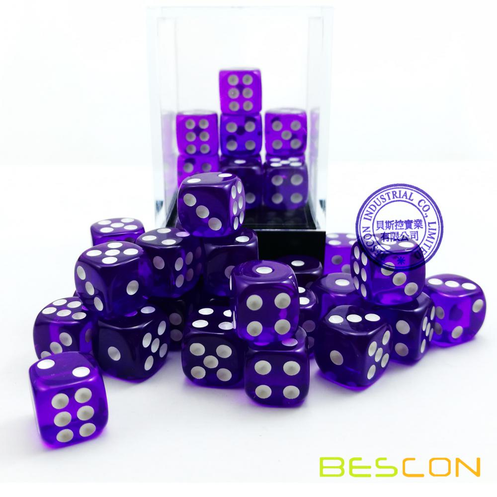 Bescon 12mm 6 Sided Dice 36 in Brick Box, 12mm Six Sided Die (36) Block of Dice, Translucent Purple with White Pips