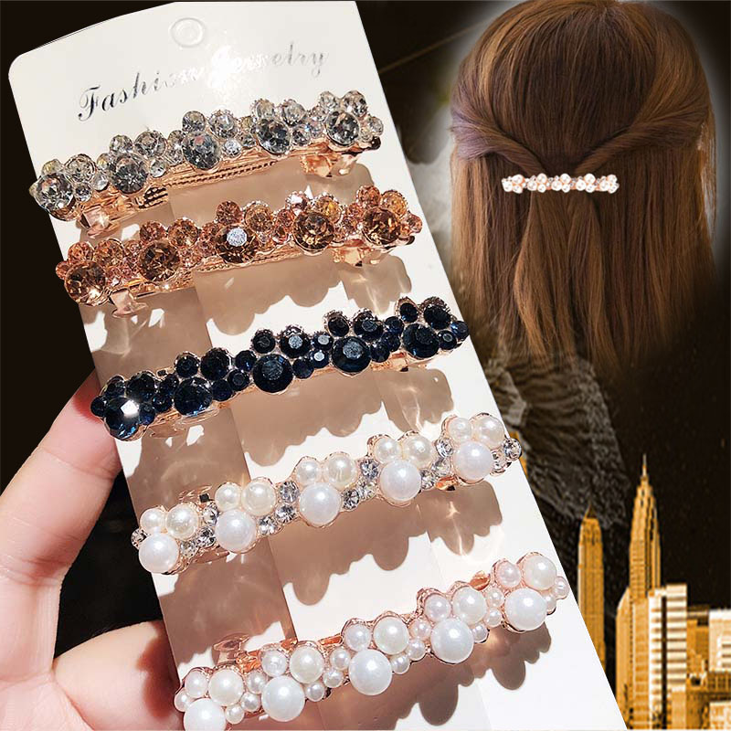 Elegant Women Pearl Crystal Barrettes Hair Clips Bridal Headwear Hairpins Headbands Hair Holder Jewelry Accessories