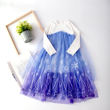 Children Baby Girl Dress, High-Waist Midi, Long Sleeve Round Collar Snowflake Mesh Hem Princess Party Dresses