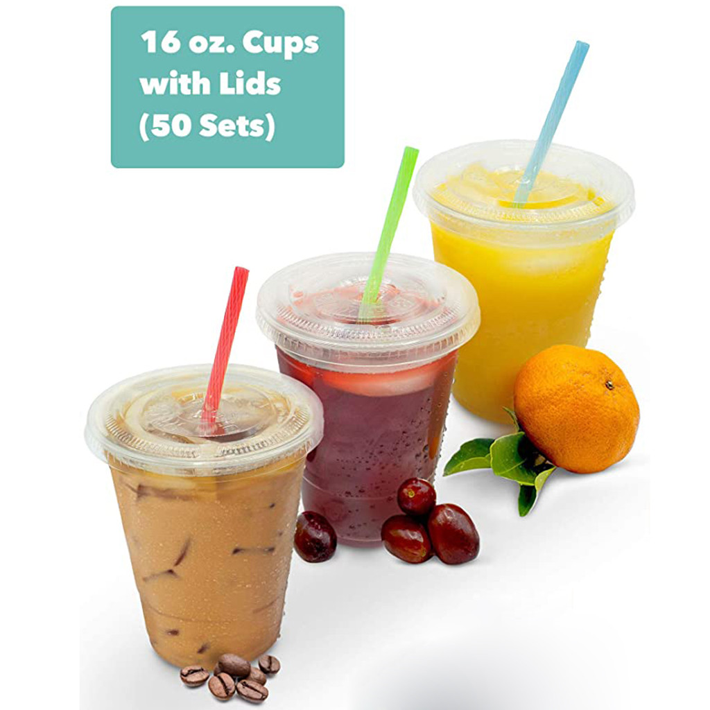 450ml 100PC Disposable Plastic Cups With Hole Dome Lid Coffee Cups Clear Tea Juice Packaging Cups Cold Drinking Beverage Cup B14